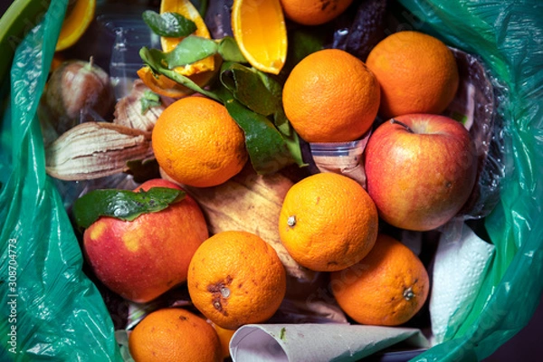 Fototapeta Food waste problem, leftovers Thrown into into the trash can. Spoiled food in refuse bin. Spoiled oranges and apples close up. Ecological issues. Garbage. Concept of food waste reduction. From above.