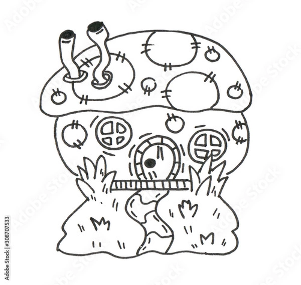 Obraz Fantasy mushroom house. Lineworks for design - cards, web and games.