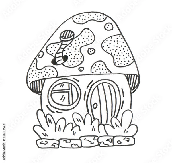 Obraz Fantasy mushroom house. Lineworks for design - cards, web and games.