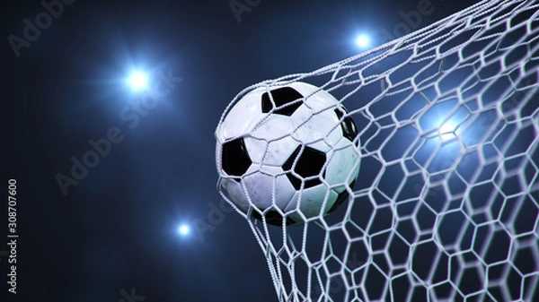Fototapeta Soccer ball flew into the goal. Soccer ball bends the net, against the background of flashes of light. Soccer ball in goal net on blue background. A moment of delight. 3D illustration