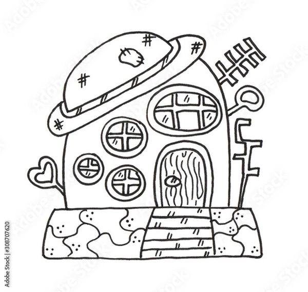 Obraz Fantasy house with hat. Lineworks for design - cards, web and games.