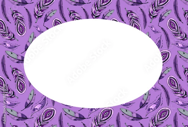 Obraz Congratulation card for party. Purple feathers in the frame.
