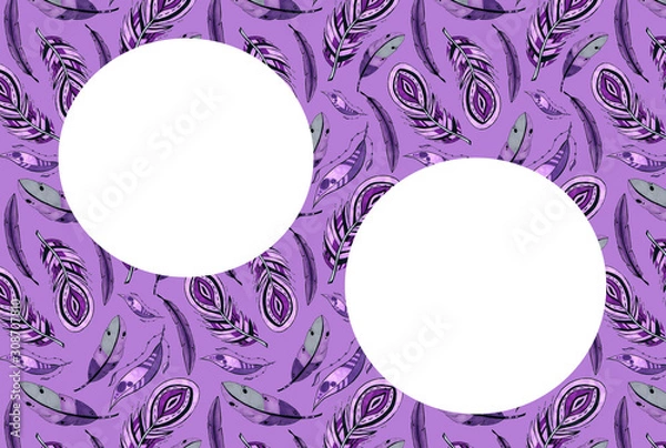 Obraz Congratulation card for party. Purple feathers in the frame. For two letterings or photos