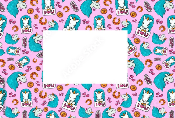 Obraz Congratulation card for girls party. Pink unicorn in the frame.