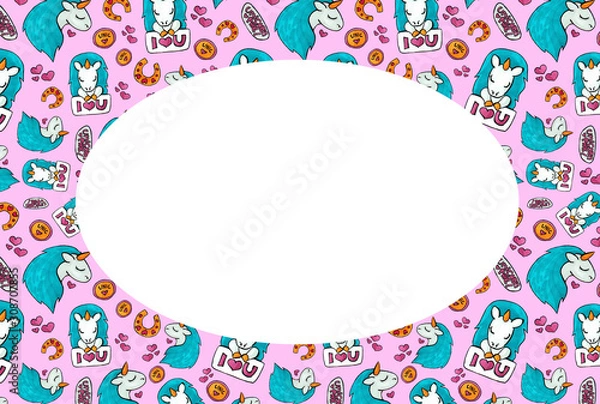 Obraz Congratulation card for girls party. Pink unicorn in the frame.