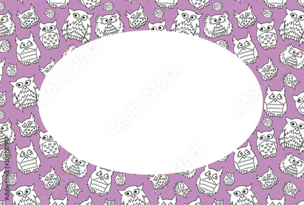 Obraz Frame for postcard with cute owls. Linework birds in the pink background