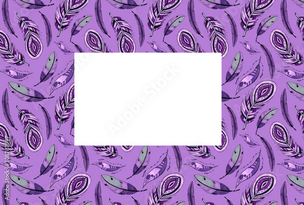 Obraz Congratulation card for party. Purple feathers in the frame.