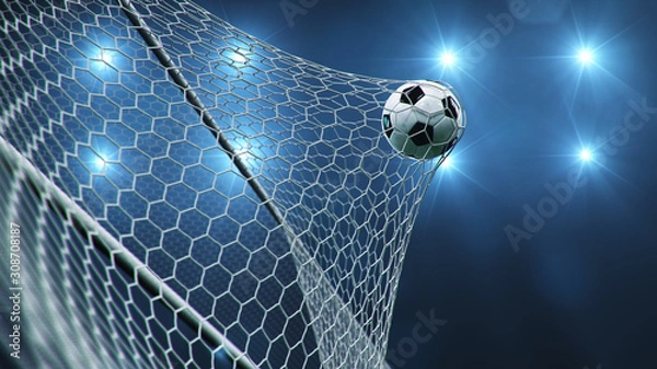 Fototapeta Soccer ball flew into the goal. Soccer ball bends the net, against the background of flashes of light. Soccer ball in goal net on blue background. A moment of delight. 3D illustration