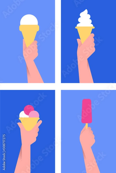 Fototapeta Hands holding an ice cream in various gestures. Flat style vector illustration