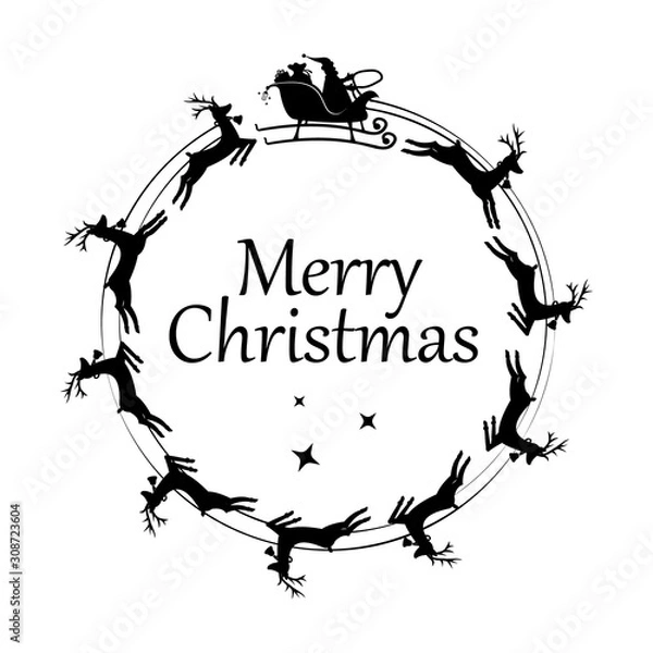 Obraz Santa Claus in a sleigh and with reindeer spinning around. Vector