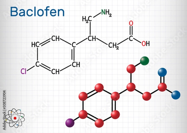 Fototapeta Baclofen molecule C10H12ClNO2, is a medication used to treat muscle spasticity. Structural chemical formula and molecule model. Sheet of paper in a cage