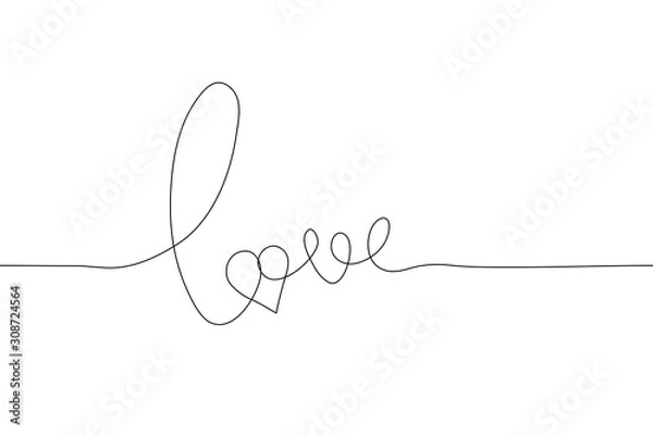 Obraz continuous line drawing of the word love on a white background. Vector horizontal stock illustration. Hand-drawn vector lettering with one black outline. Word love in lowercase letters