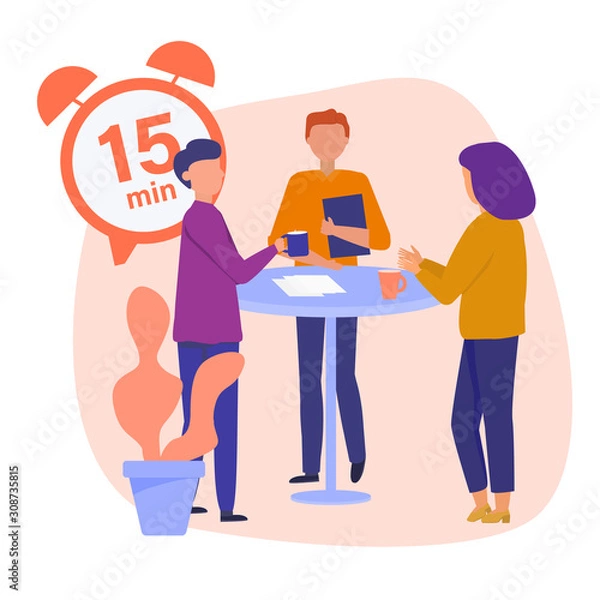 Obraz Daily scrum. Team standing around the table and making 15 min Stand-up Scrum, Vector concept illustration.