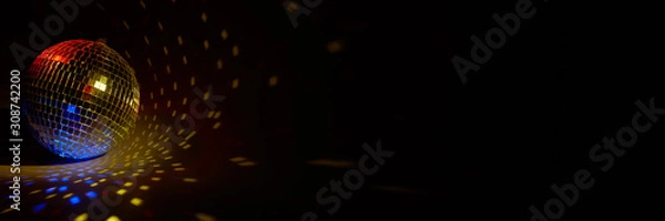 Obraz Glittering mirror disco ball. Nightclub. For advertising or web design. Entertainment, disco or music show extra wide panorama banner background