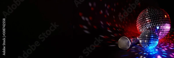 Obraz Microphone and  glittering mirror disco balls. Karaoke club. For advertising or web design. Entertainment or music show extra wide panorama banner background