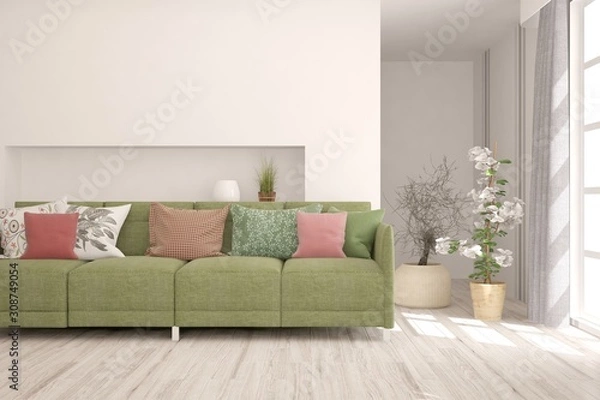 Fototapeta Stylish room in white color with sofa. Scandinavian interior design. 3D illustration