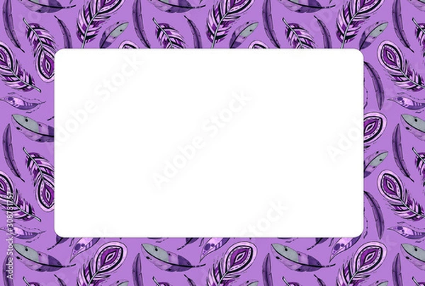 Obraz Congratulation card for party. Purple feathers in the frame.