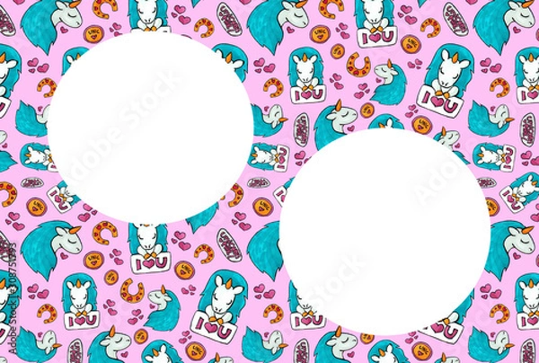Obraz Congratulation card for girls party. Pink unicorn in the frame. For two letterings or photos
