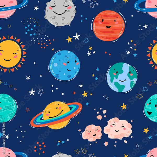 Fototapeta Space Seamless Pattern with Planets Solar System, Sun, Meteorite and Stars. Doodle Cartoon Cute Planet Smiling Face. Space Vector Background for Kids t-shirt Print, Nursery Design, Birthday Party 