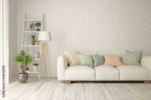 Fototapeta Stylish room in white color with sofa. Scandinavian interior design. 3D illustration