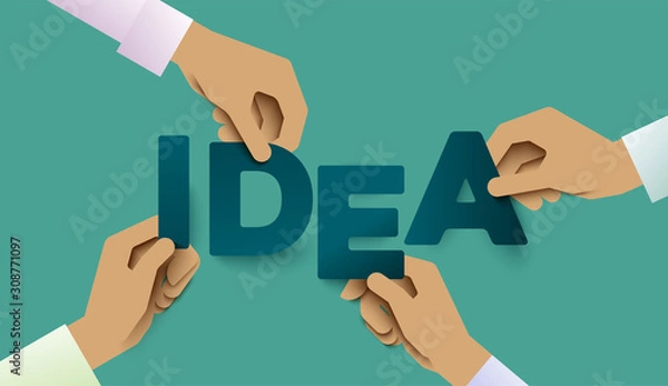 Fototapeta Human hands holding IDEA letters. Symbol of working together, cooperation, combining. Teamwork concept. Creative partnership metaphor. Illustration stylized as paper-cut art. Flat style vector