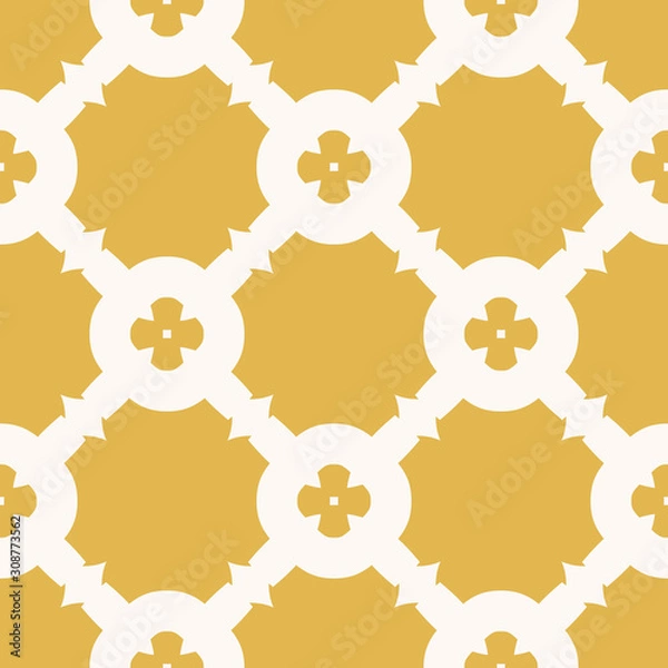 Fototapeta Vector geometric floral texture. Abstract seamless pattern with grid, big carved shapes, flower silhouettes, repeat tiles. Yellow and white ornamental background. Design for decor, furniture, ceramic