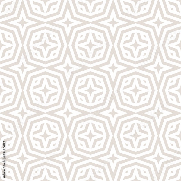 Fototapeta Subtle vector abstract geometric seamless pattern in oriental style. Simple background with lines, stars, diamonds, octagons, tiles. Elegant black and white ornament. Repeat texture. Modern design