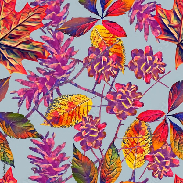 Obraz Pine cones with leaves seamless pattern.