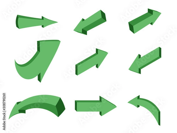 Obraz Arrows green directions 3D, cartoon, isometry. Vector design element, icons. The object on an isolated background.