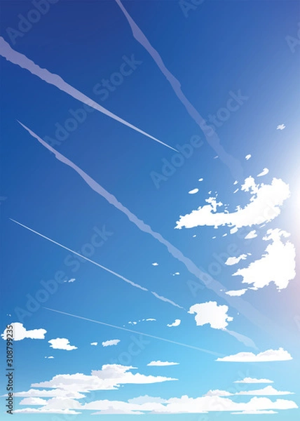 Fototapeta Vector blue sky clouds. Anime clean style. Background design