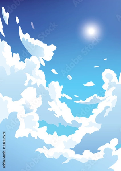 Fototapeta Vector blue sky clouds. Anime clean style. Background design