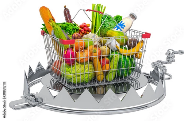 Obraz Shopping basket full of products inside bear trap. 3D rendering
