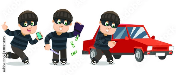 Fototapeta Vector cartoon set with robber, burglar in black eye mask in different situations. Thief, cracksman running away with stolen smartphone, keeping knife and wallet, cracking lock of car.
