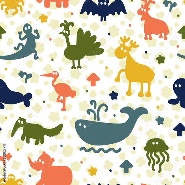 Fototapeta Colorful seamless pattern with different silhouettes animals