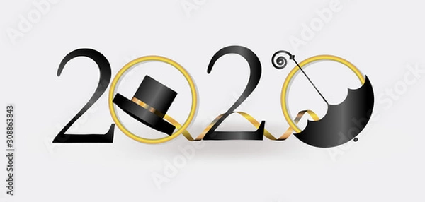 Obraz new year 2020. black top hat and umbrella