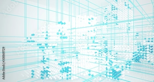 Fototapeta Abstract white and colored gradient glasses interior from array spheres with large window. 3D illustration and rendering.