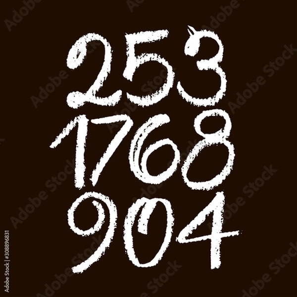 Fototapeta set of calligraphic pastel or chalk numbers. ABC for your design, pastel lettering on a black background