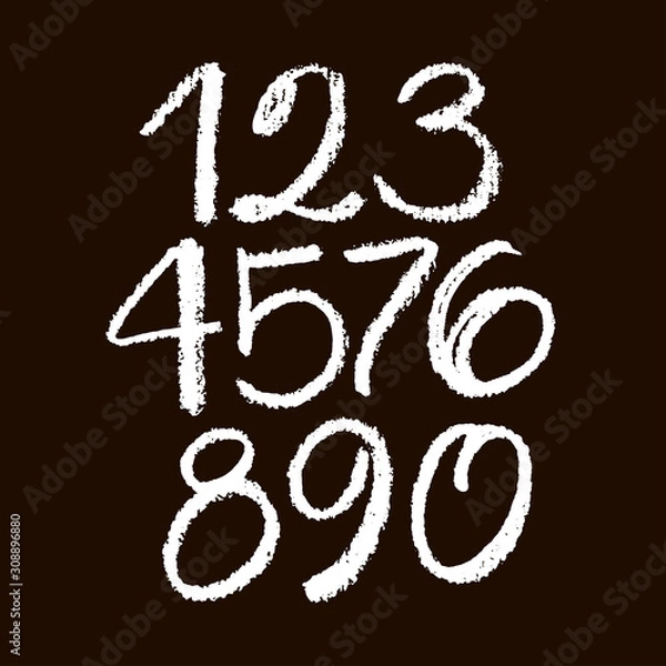Fototapeta set of calligraphic pastel or chalk numbers. ABC for your design, pastel lettering on a black background