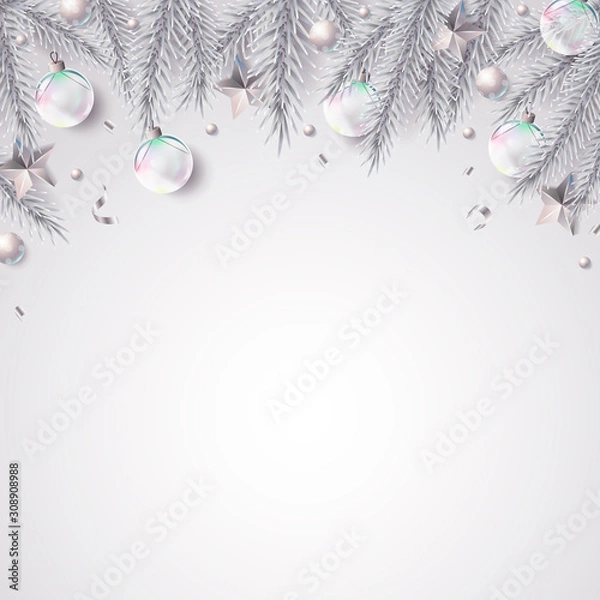 Fototapeta Christmas background with fir branches and dwcorations in elegant white and silver color