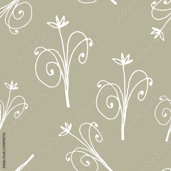 Fototapeta Floral seamless pattern in line art style.  Abstract botanical print of flowers, leaves, twigs. Textile design texture. Spring blossom background. Vector illustration.