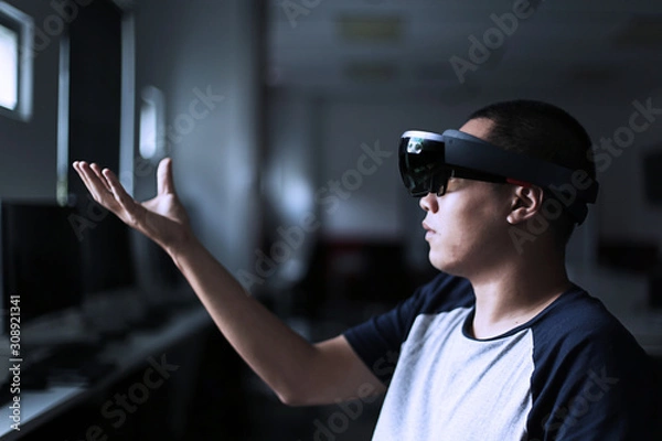 Fototapeta Enter Virtual Reality world with HoloLens 1 glasses no effect in the lab
