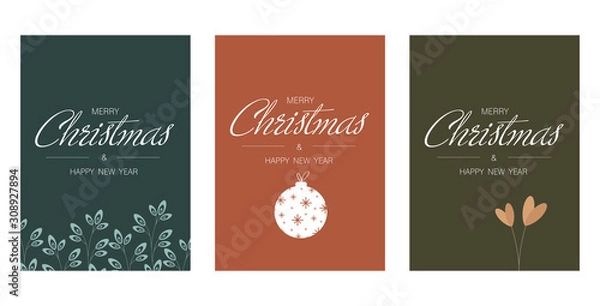 Fototapeta Merry Christmas and Happy New Year greeting and invitation cards set vintage typographic design, decoration symbols with winter holidays, ornament and snowflakes. Isolated flat vector illustration. 