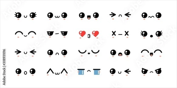 Fototapeta Cute kawaii icons. Various face expressions. Different eyes and mouths. Japanese cartoon manga style. Funny anime characters. Trendy vector illustration. Every icon is isolated on a white background