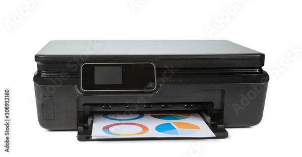 Fototapeta Black multi function printer isolated against a white background
