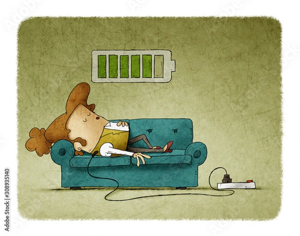 Obraz Illustration of a businesswoman on the sofa is connected to the power grid while recharging energy. Recharge concept.