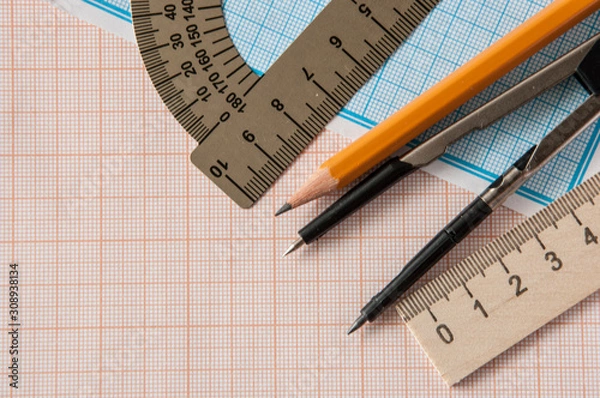 Obraz Geometry set with compass,pencil,ruler on graph paper