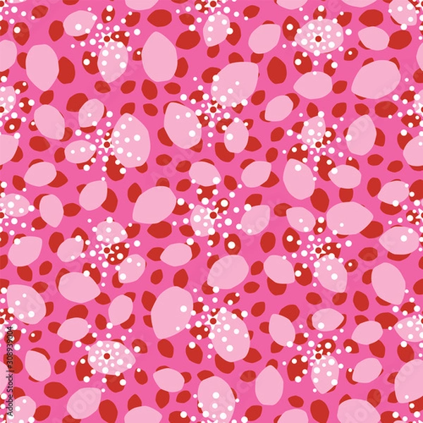 Fototapeta Pink abstract pattern of oval organic shapes representing sakura flower petals flying in the wind. Modern Japanese style print in a graphic colorful style. Vector