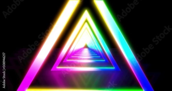 Fototapeta Neon geometric background with LED Fluorescent tunnel. Ultraviolet abstract blue, purple color. animation . 3D rendering