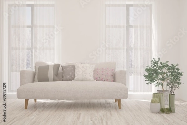 Fototapeta Stylish room in white color with sofa. Scandinavian interior design. 3D illustration
