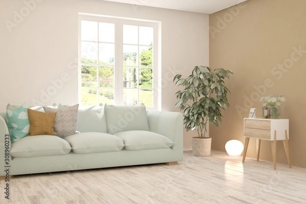 Fototapeta Stylish room in white color with sofa. Scandinavian interior design. 3D illustration